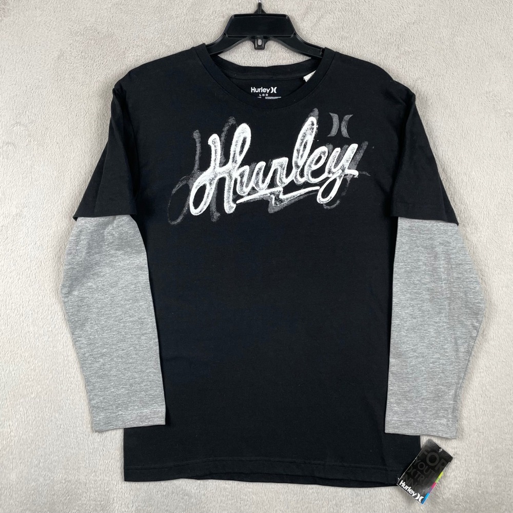 Hurley Shirt Mens Large Black Script Graphic Layered Tee Surf Skater Y2K READ